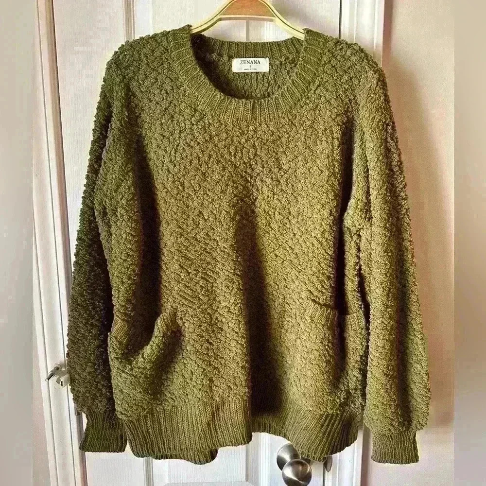 Zenana - Size S (oversized) popcorn sweater - dark olive - front pockets - NEW